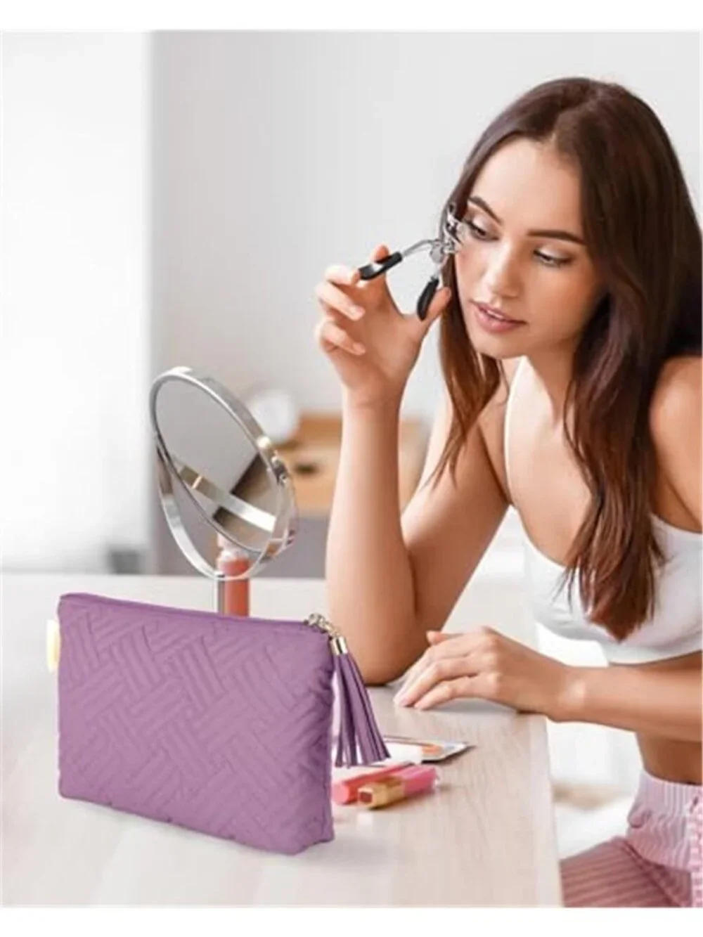 Small Purple Makeup Bag Cosmetic Pouch Travel Organizer Tassel Zipper New